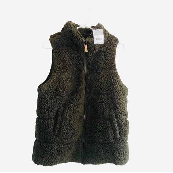 PJ Salvage NEW Cozy Olive Green Zip Sherpa Vest with Pockets Size Small - Picture 3 of 13
